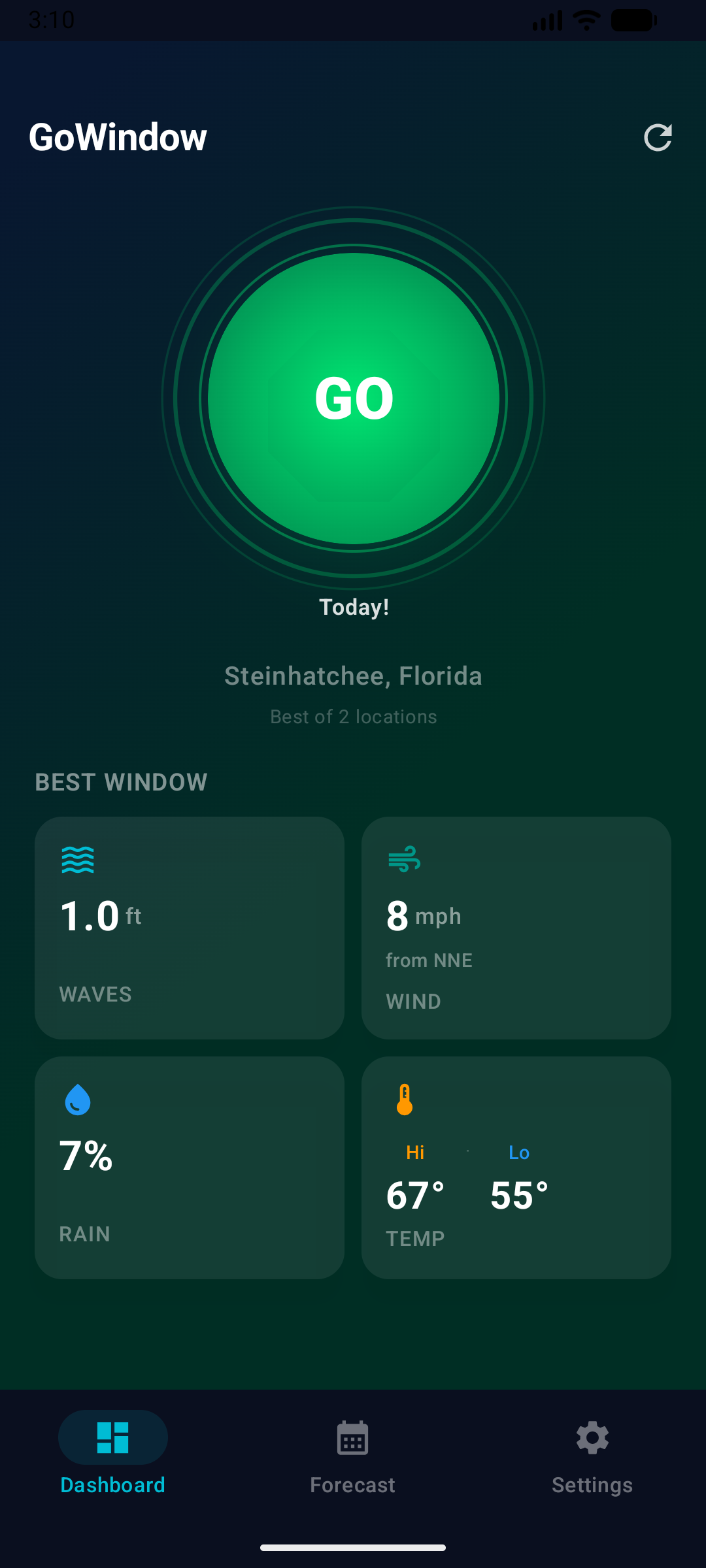 GoWindow Android Dashboard — GO status with condition cards