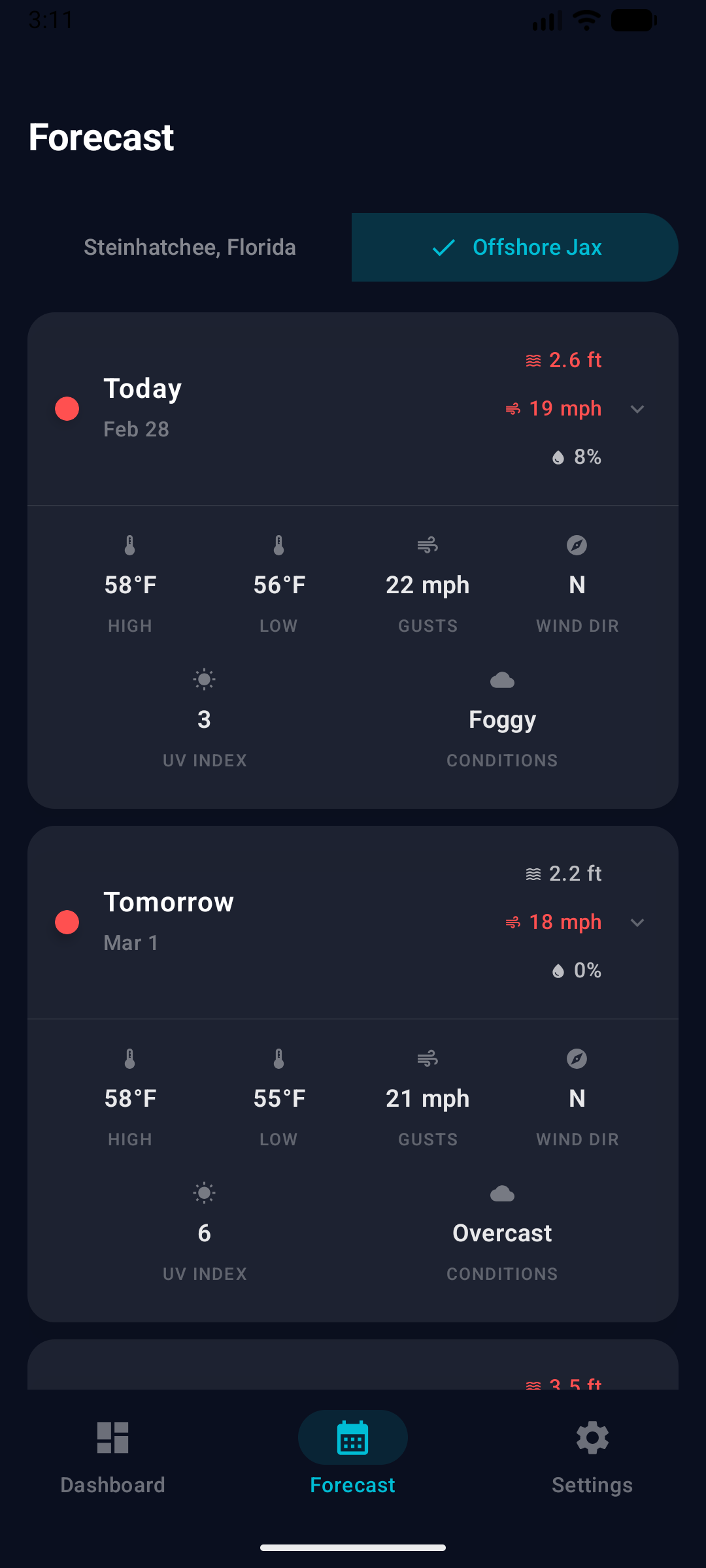 GoWindow Android Forecast view with expanded day cards