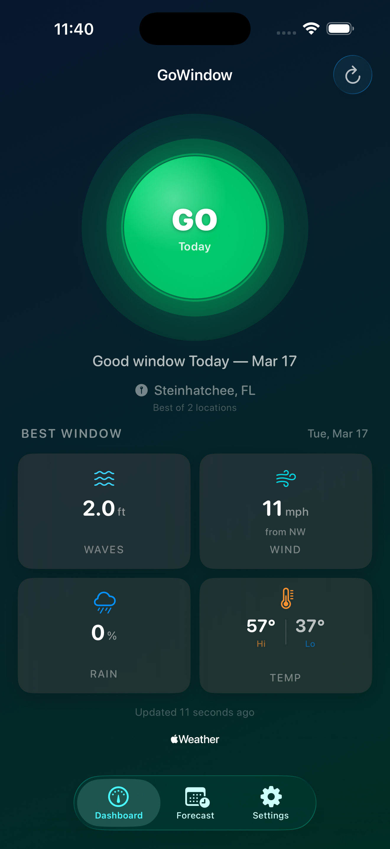 GoWindow iPhone Dashboard showing GO status for Jacksonville, FL