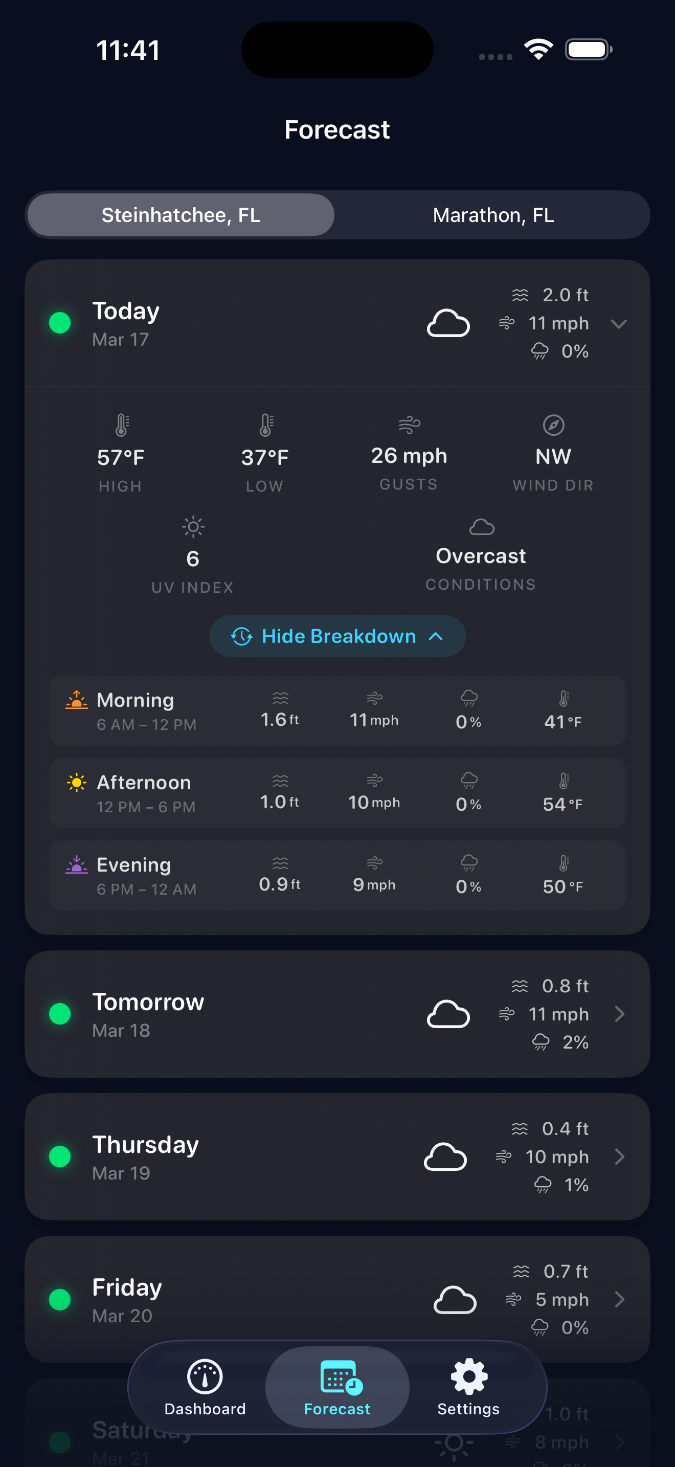 GoWindow iPhone Forecast view showing 8-day marine forecast with day cards