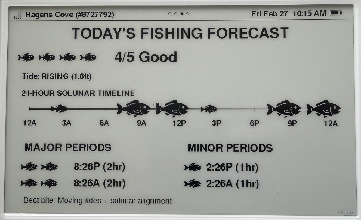 Fishing forecast screen with solunar timeline