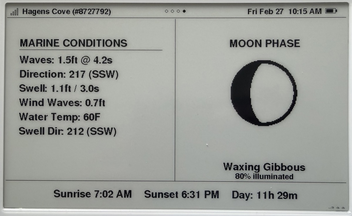 Marine conditions and moon phase screen